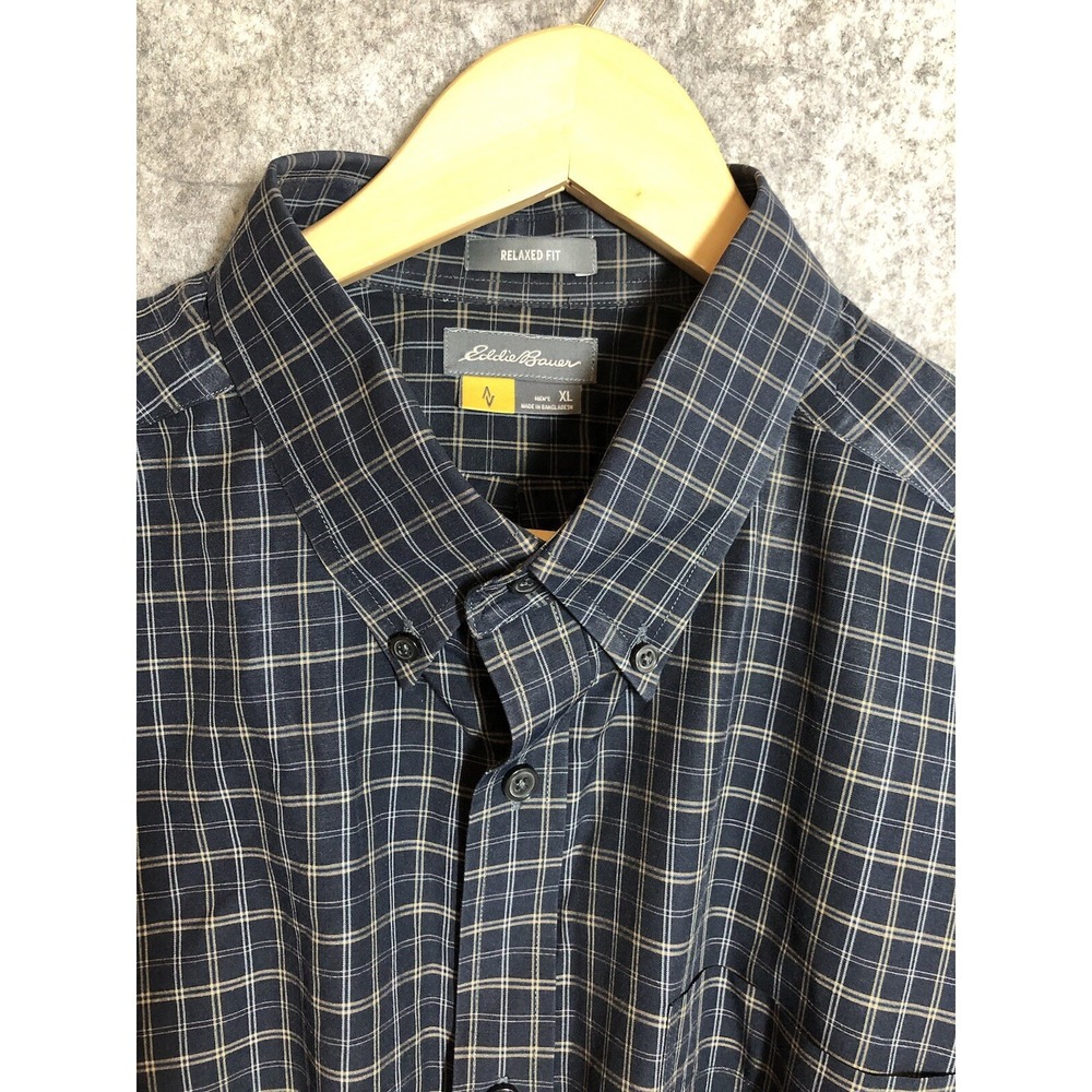 Eddie Bauer Shirt Men Extra Large Blue Plaid Travex Hiking Climb Fish Camp